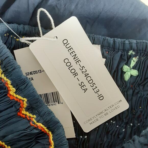 Corey Lynn Calter Queenie Dress Smocked Sleeveless Midi Dress Blue Embroidered L - Picture 8 of 10